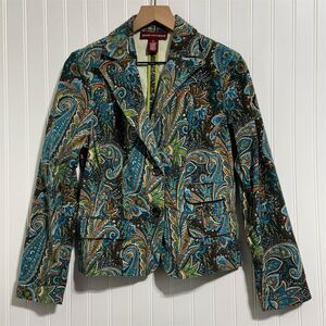 Jones Wear Jeans Womens 10 Blue Paisley Print Cropped Blazer Jacket Cotton Blend